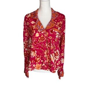 Anthropologie Pink Floral‎ Rayon Pajama Top Notched Collar Button Down Size M